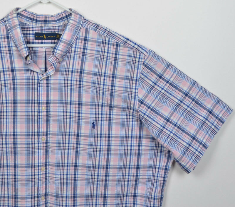 Polo Ralph Lauren Men's 3XLT (Tall) Seersucker Pink Plaid Pony Button-Down Shirt