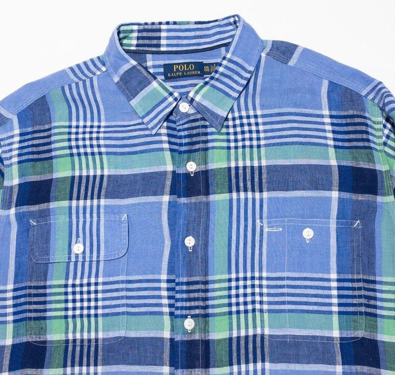 Polo Ralph Lauren Linen Shirt XXL Men's Blue Green Plaid Long Sleeve Button 2XL