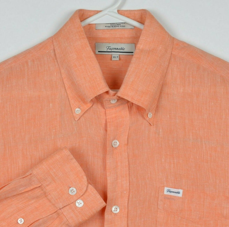 Facconable Men's XLT Tall 100% Linen Orange Long Sleeve Button-Down Shirt
