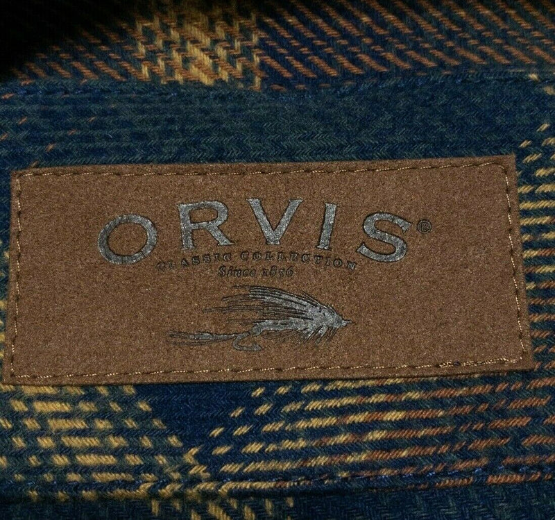 Orvis Heavyweight Flannel Shirt Navy Blue Brown Plaid Men's Large