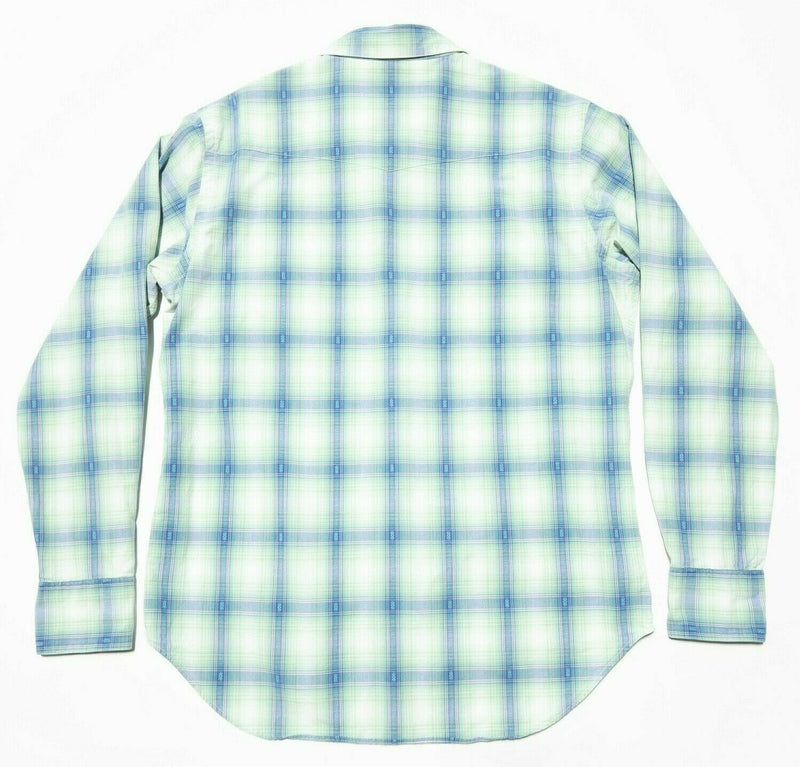 Polo Ralph Lauren Pearl Snap Shirt Green Blue Plaid Western Aztec Men's Medium