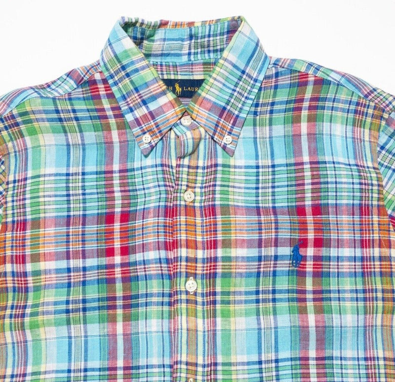 Polo Ralph Lauren Linen Shirt Small Mens Colorful Plaid Short Sleeve Button-Down