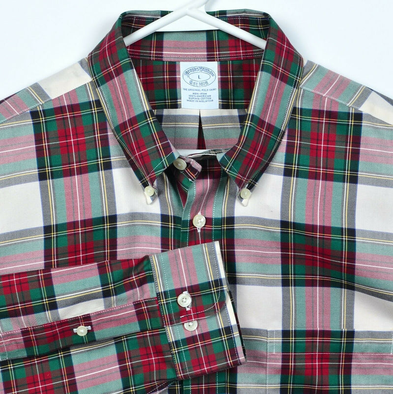 Brooks Brothers Men's Large Non-Iron Red Green Tartan Plaid Button-Down Shirt