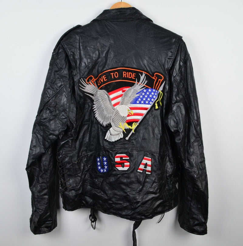 Diamond Plate Men's XL Buffalo Leather Jacket Patchwork Biker Black USA Eagle