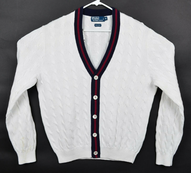 Polo Ralph Lauren Men's XL White Navy Red Button Cable-Knit Cardigan Sweater