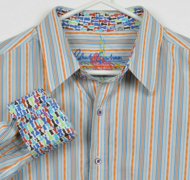 Robert Graham Men's XL Flip Cuff Chess Pieces Orange Multi-Color Striped Shirt