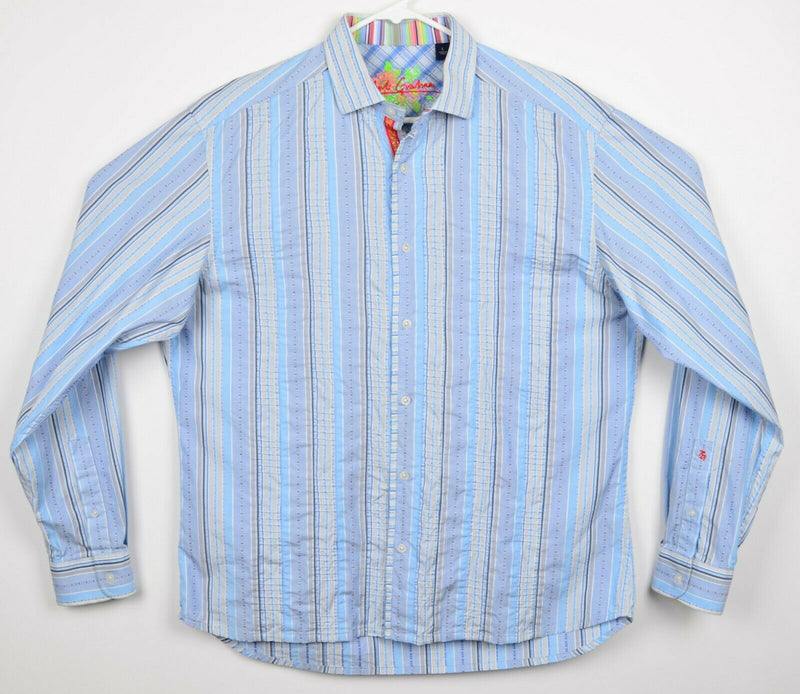 Robert Graham Men's Large Flip Cuff Blue White Striped Ruffle Dress Casual Shirt