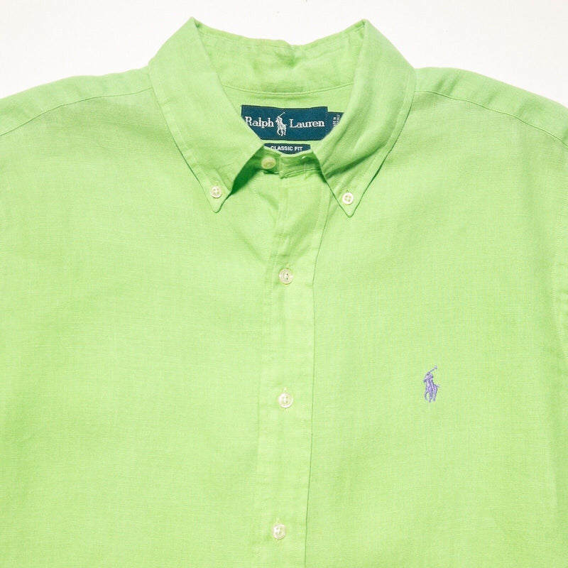 Polo Ralph Lauren Linen Shirt Medium Men's Lime Green Button-Down Short Sleeve