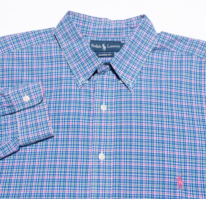 Polo Ralph Lauren Shirt Men 1XB Classic Fit (XL Big) Blue Pink Plaid Button-Down