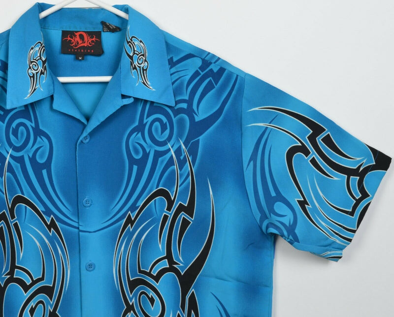 Dragonfly Clothing Men's Medium Blue Tribal Flames Y2K 90s Polyester Camp Shirt