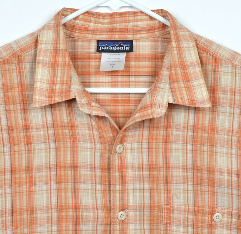 Patagonia Men's Large Polyester Organic Cotton Orange Plaid Hiking Shirt