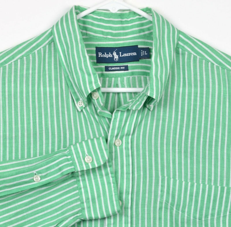 Polo Ralph Lauren Men's Large Classic Fit 100% Linen Green White Striped Shirt