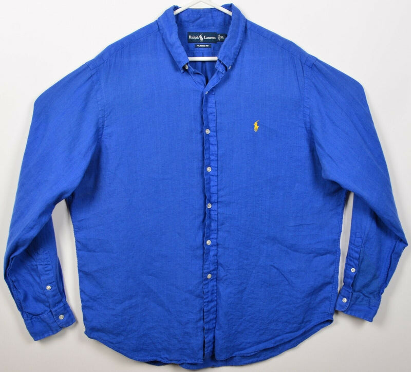 Polo Ralph Lauren Men's XL Classic Fit 100% Linen Solid Blue Long Sleeve Shirt