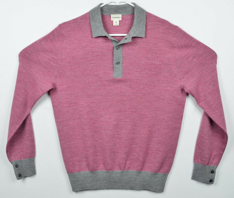 Club Monaco Men's Small 100% Wool Pink Gray Striped Collared Shirt Sweater