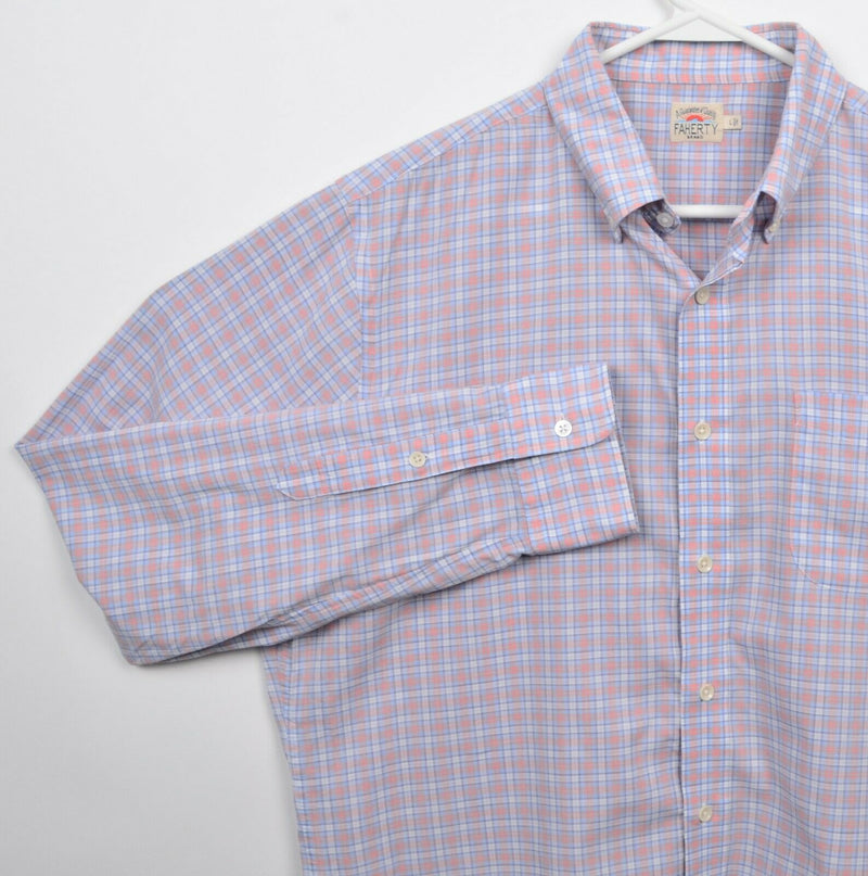 Faherty Brand Men's Large Orange Blue Plaid Cotton Spandex Button-Down Shirt