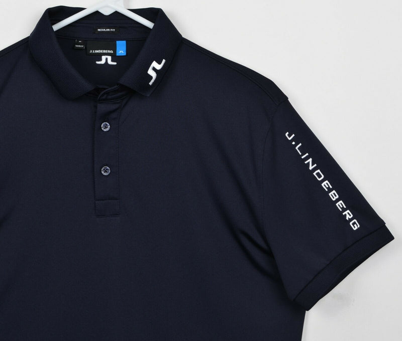 J. Lindeberg Men Sz Medium Regular Fit Logo Collar Navy Blue Tour TX Jersey Polo