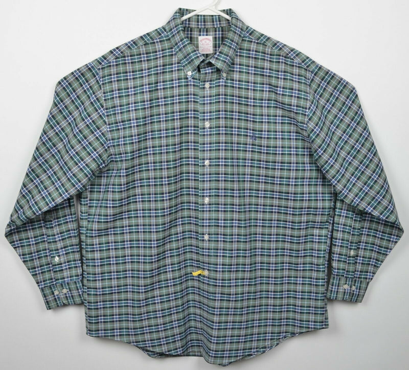 Brooks Brothers Men's XL Non-Iron Green Blue Plaid Logo Button-Down Shirt