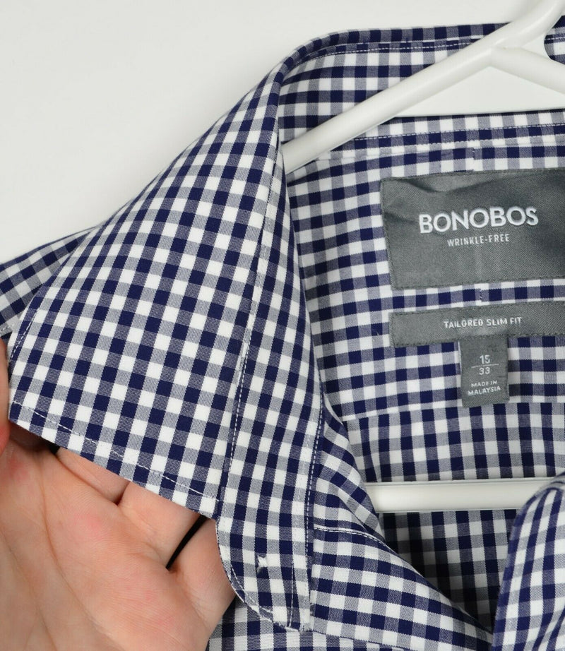 Bonobos Wrinkle-Free Men's 15/33 Tailored Slim Fit Navy Blue Gingham Dress Shirt