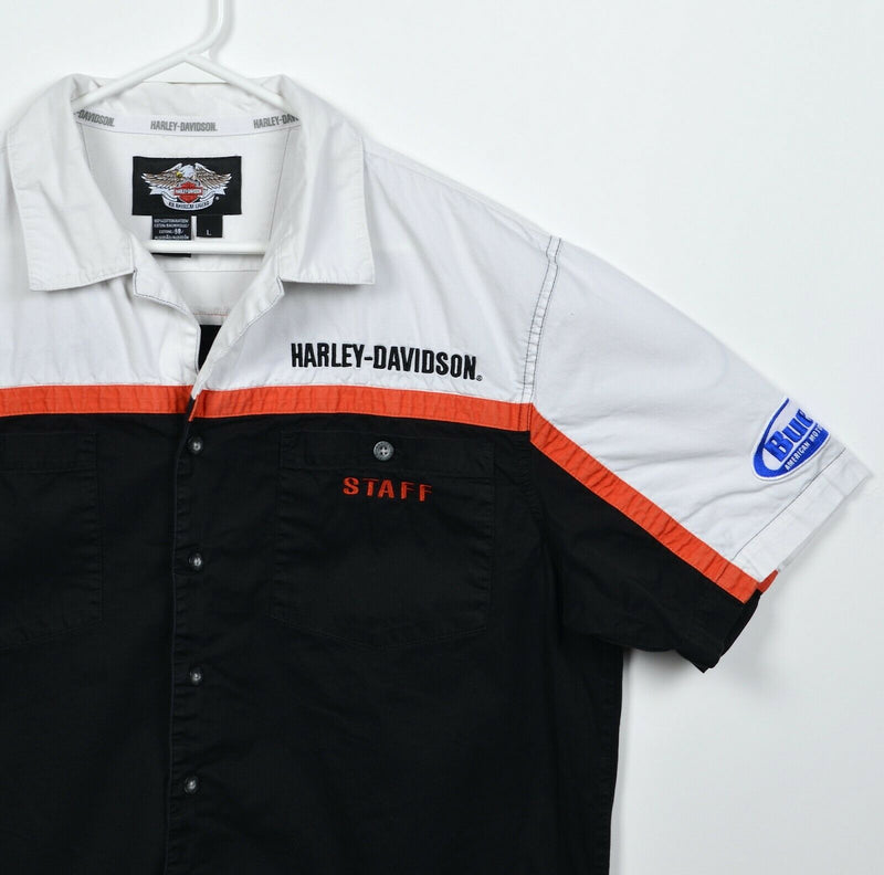 Harley-Davidson Staff Men's Large White Black Orange Buell Garage Mechanic Shirt