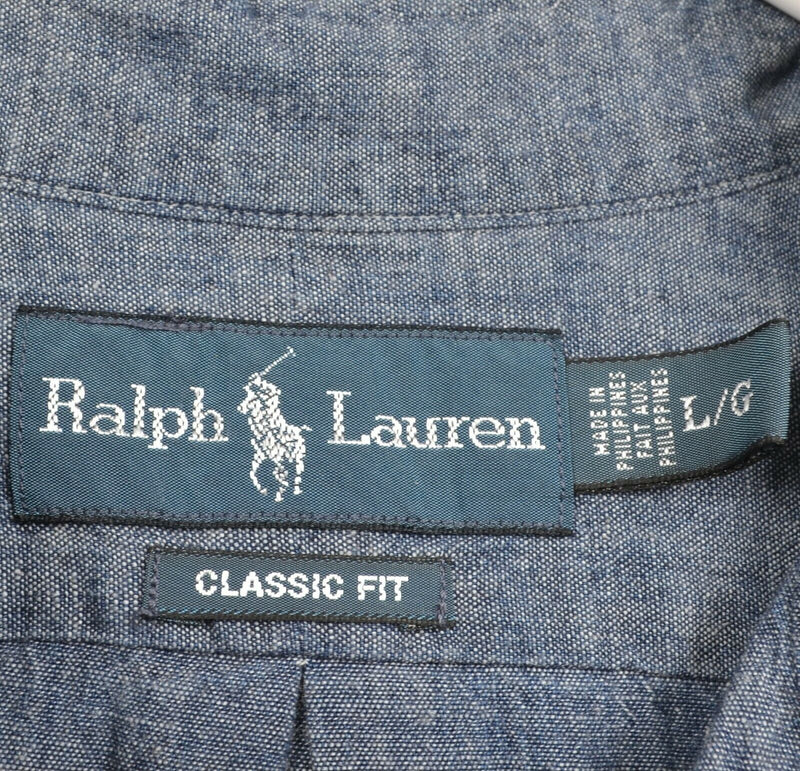 Polo Ralph Lauren Men's Sz Large Classic Fit Pony Blue Denim Chambray Shirt