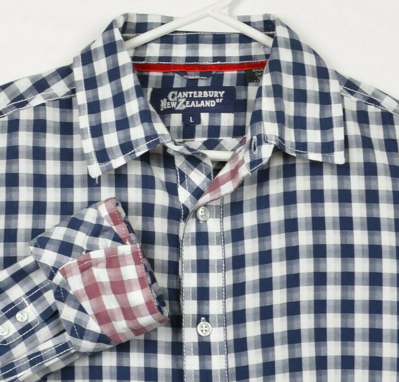 Canterbury of New Zealand Men's Large Navy Blue Plaid Check Casual Button Shirt