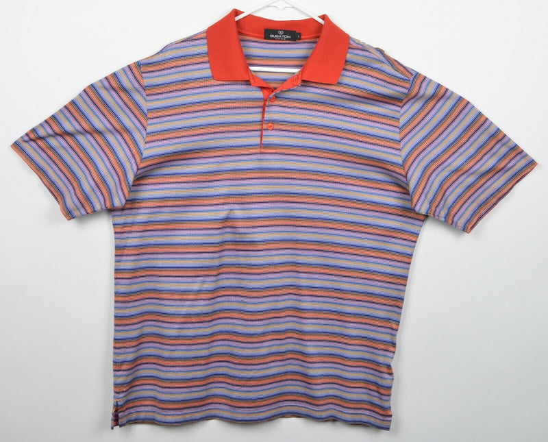 Bugatchi Uomo Men's Sz Large Striped Purple Yellow Blue Orange S/S Polo Shirt