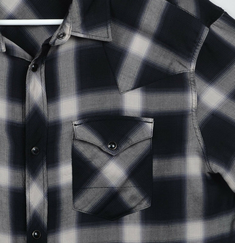 AllSaints Men's Sz Medium Pearl Snap Black White Plaid Greenboro LS Shirt