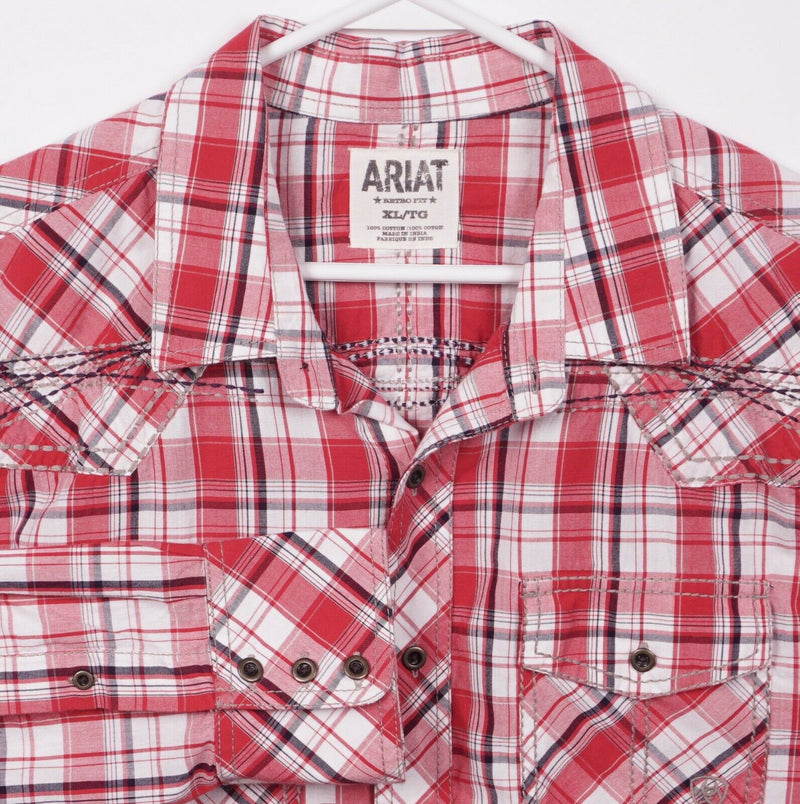 Ariat Men's XL Retro Fit Red Plaid Stitch Accent Western Button-Front Shirt