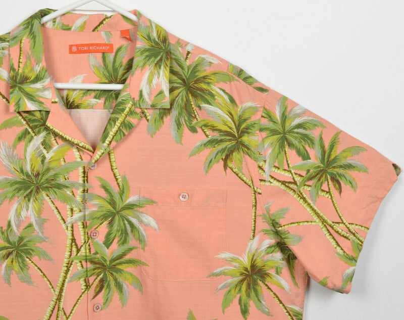 Tori Richard Men's XL Silk Blend Peach Pink Floral Palm Tree Hawaiian Camp Shirt