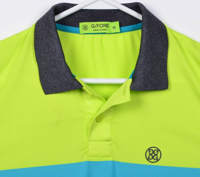 G/Fore Men's Medium Lime Green Blue Striped Polyester Wicking Golf Polo Shirt