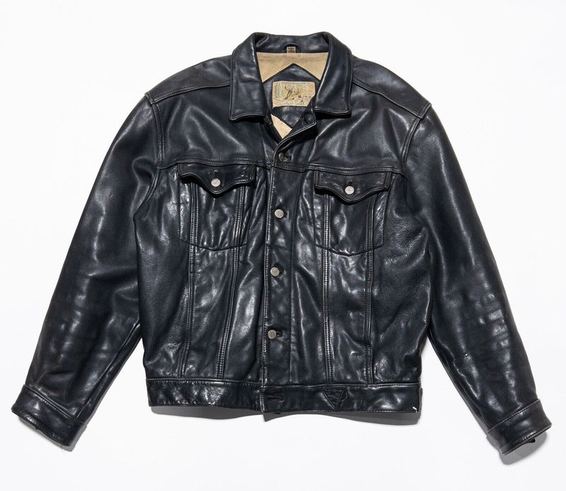 Vintage Guess Leather Jacket Men's Fits Large/XL Button-Up Trucker Black 80s