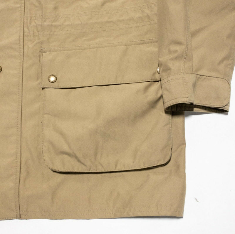 Orvis Fishing Utility Multi-Pocket Sporting Jacket Hooded Khaki Tan Men's Large