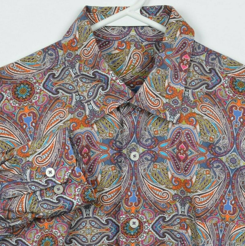 Alan Flusser Men's Medium Paisley Multi-Color Red Orange Pink Button-Front Shirt