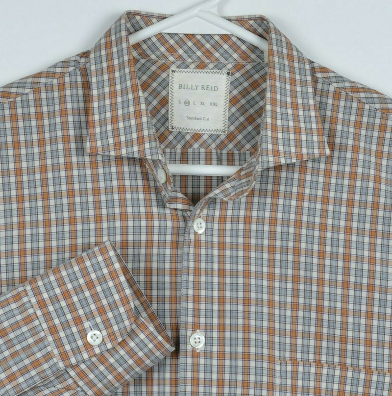 Billy Reid Men's Medium Standard Cut Orange Blue Plaid Check Button-Front Shirt