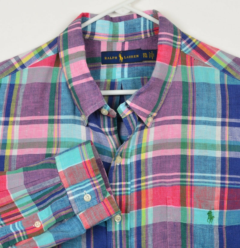 Polo Ralph Lauren Men's 2XL 100% Linen Multi-Color Plaid Indian Madras Shirt