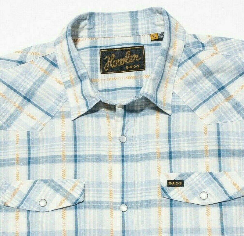 Howler Brothers Pearl Snap Shirt XL Men's Plaid Blue Yellow Western Rockabilly