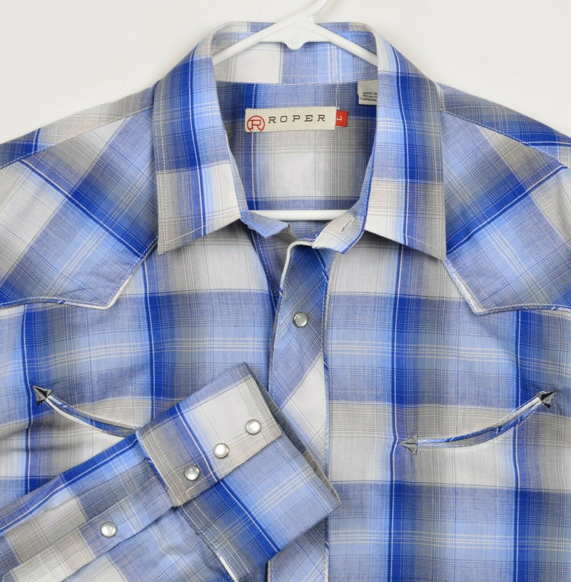 Roper Men's Sz Large Pearl Snap Smile Pocket Blue Plaid Western Shirt