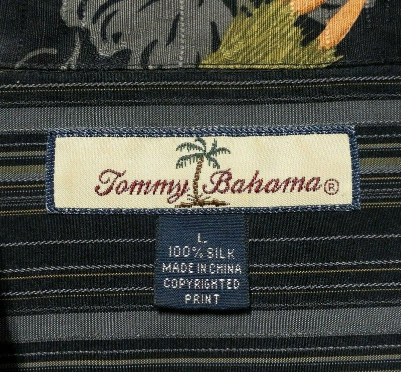 Tommy Bahama Silk Shirt Large Hula Girl Hawaiian Men's Black Floral Luau Aloha