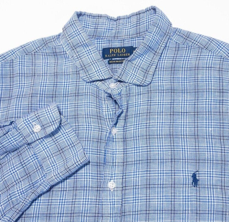 Polo Ralph Lauren Linen Shirt XXL Men's Long Sleeve Blue Plaid Ocean Wash 2XL