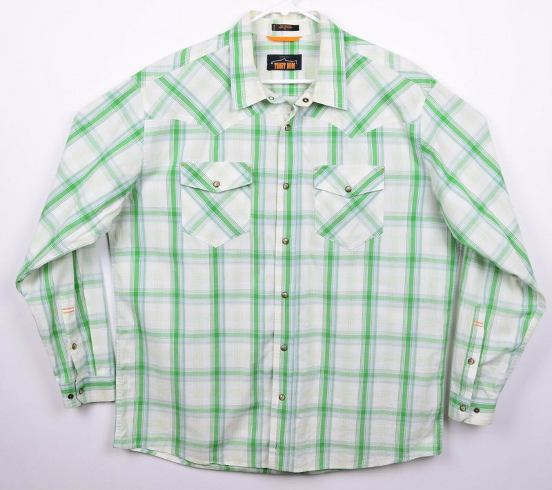 Orvis Trout Bum Men's Sz XL Pearl Snap Green Plaid Western Fishing Shirt STAIN