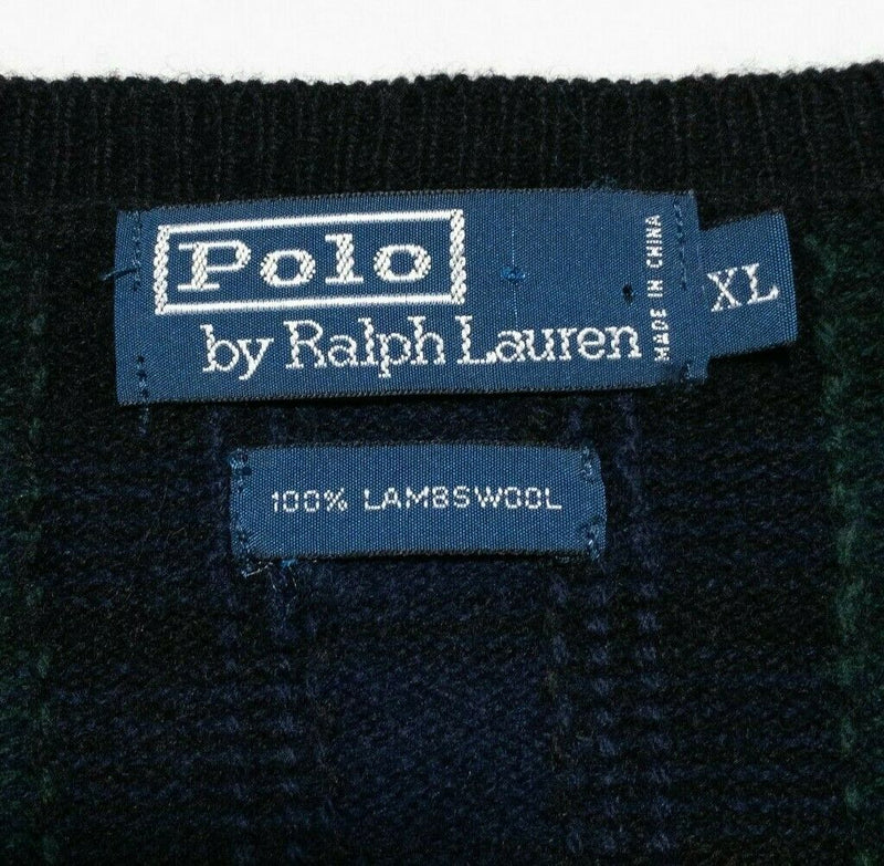 Polo Ralph Lauren Men's XL 100% Lambswool Green Navy Tartan Plaid Sweater Vest