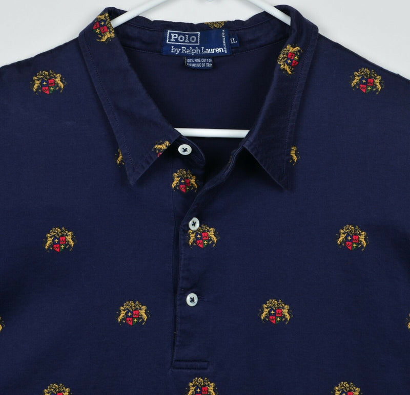 Polo Ralph Lauren Men's XL Crest Logo Horse King Patterned Navy Blue Polo Shirt