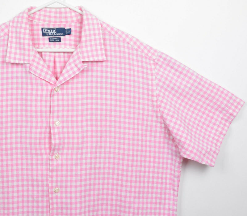 Polo Ralph Lauren Men's XL 100% Linen Pink Gingham Check Caldwell Camp Shirt