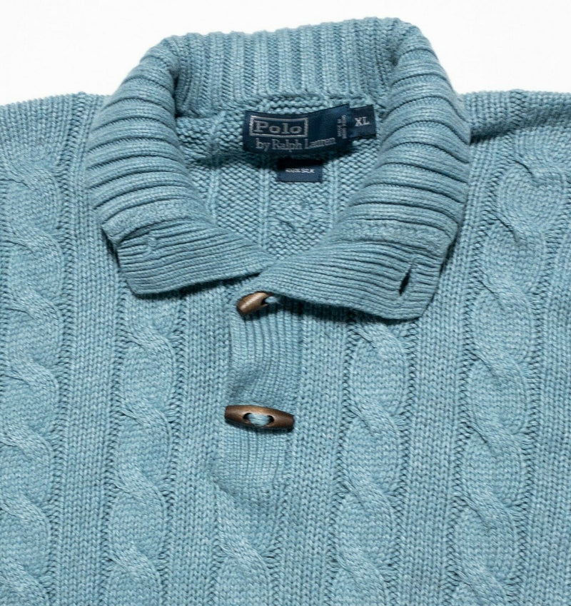 Polo Ralph Lauren Men's XL Blue/Green Cable-Knit 100% Silk Toggle 90s Sweater