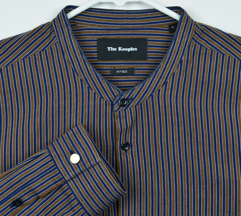 The Kooples Fitted Men's Large Cotton Linen Band Collar Blue Gold Striped Shirt