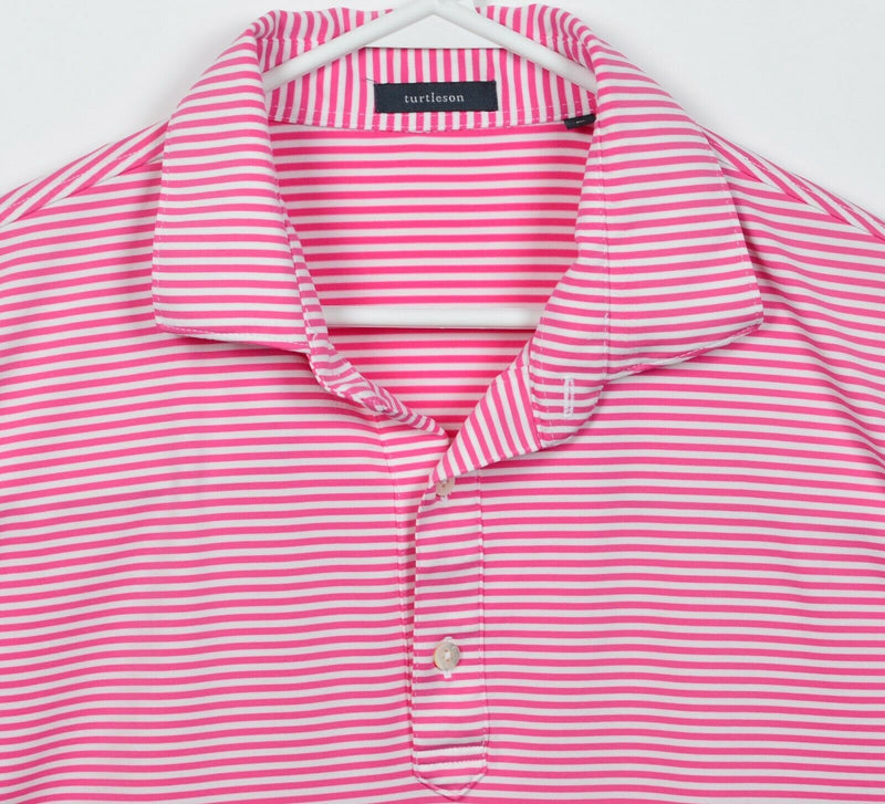 Turtleson Golf Men's Large Pink White Striped Polyester Wicking Golf Polo Shirt