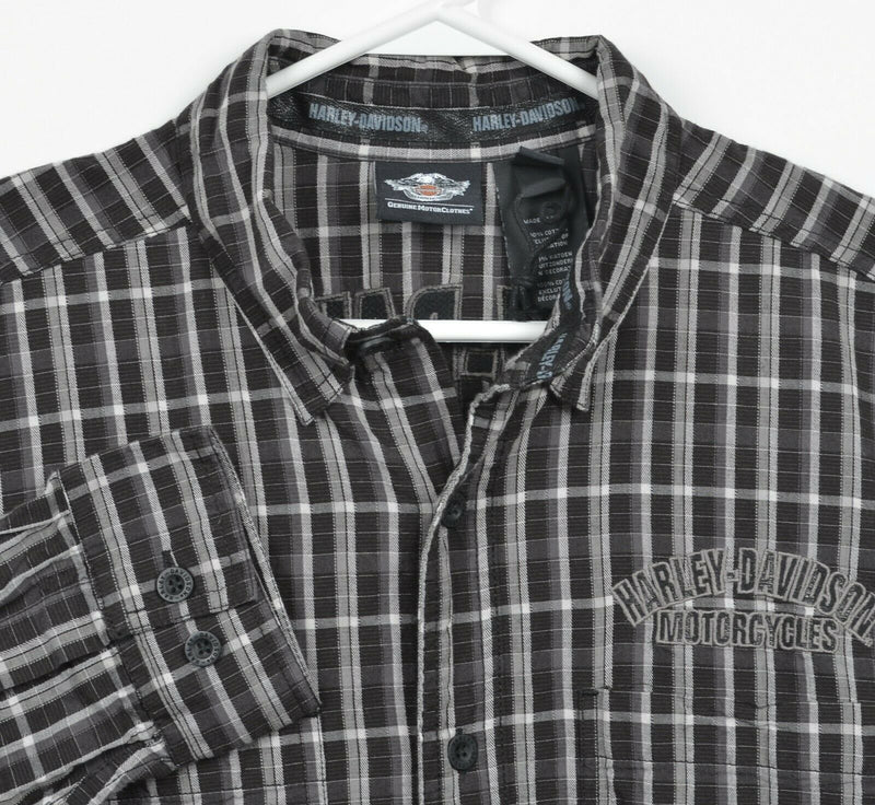 Harley-Davidson Men's Large Flames Black Plaid Garage Mechanic Woven Shirt