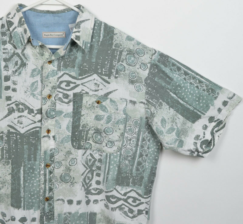 Vintage Bugle Boy Company Men's Medium Geometric Leaf Green Button-Front Shirt