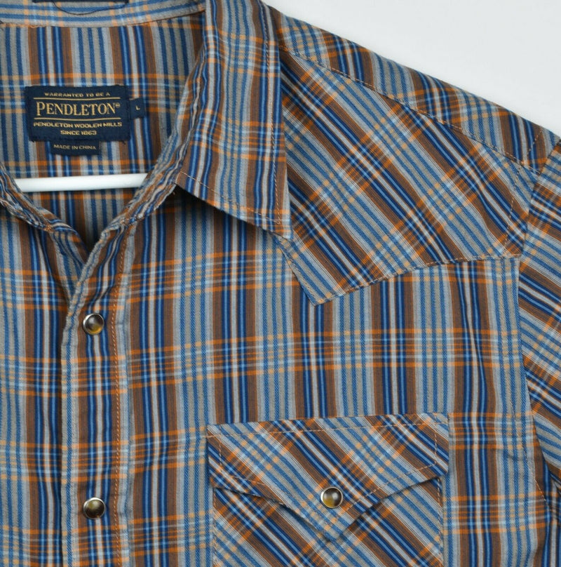 Pendleton Men's Sz Large Frontier Pearl Snap Blue Brown Plaid Western Shirt