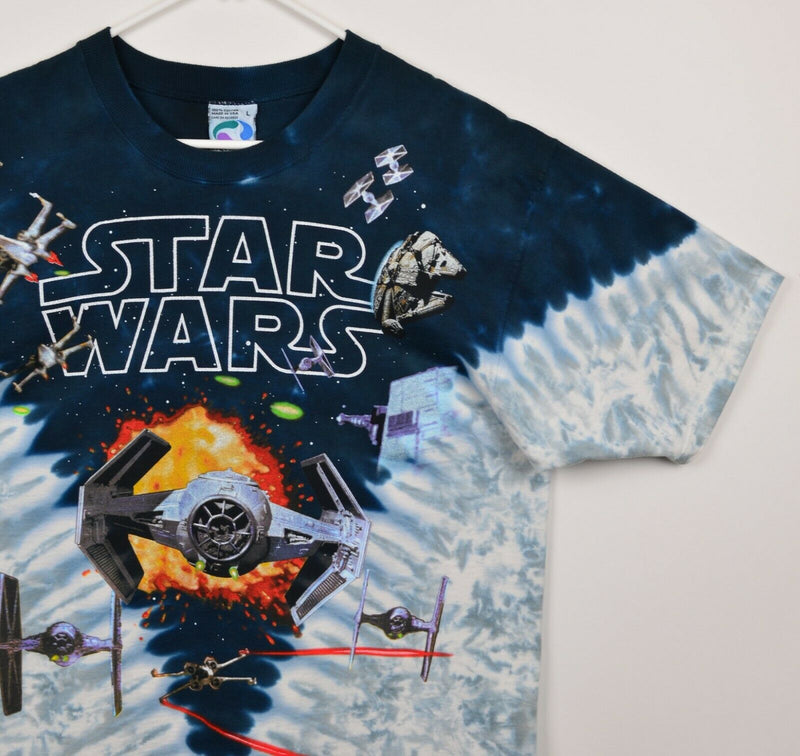 Vintage 90s Star Wars Men's Sz Large Tie Dye Liquid Blue Darth Vader Space Shirt